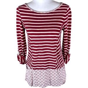 Anthropologie Postmark Top Womens XS Burgundy Striped Mixed Media Floral Hem